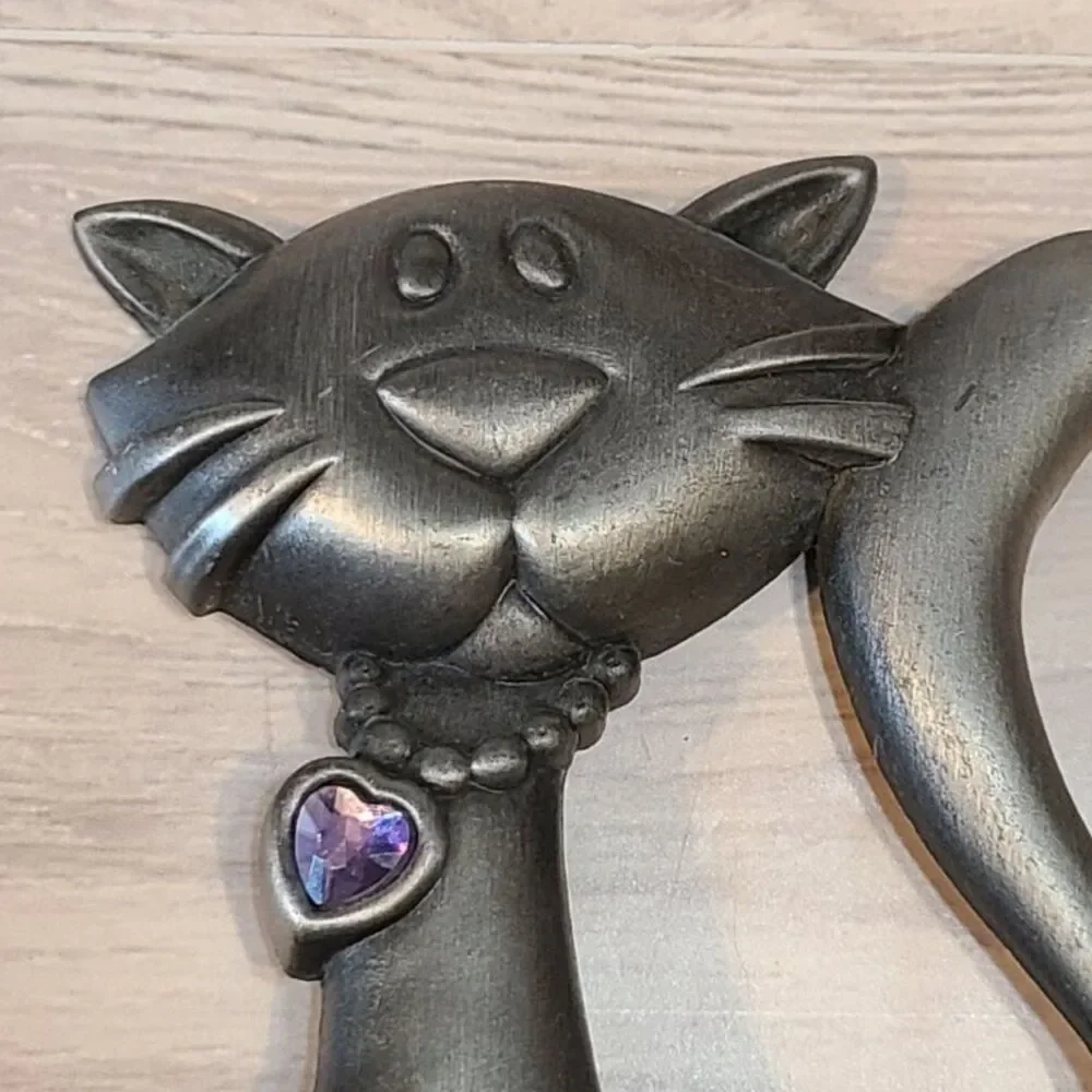 Metal Cat Picture Frame Silver Pewter Holder Purple Heart Accent Pet Decor Gift